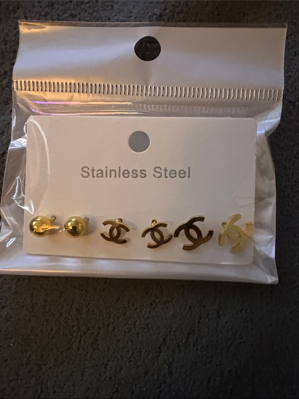 FASHION Gold Stainless Steel Logo Stud 3 pc Earring Set